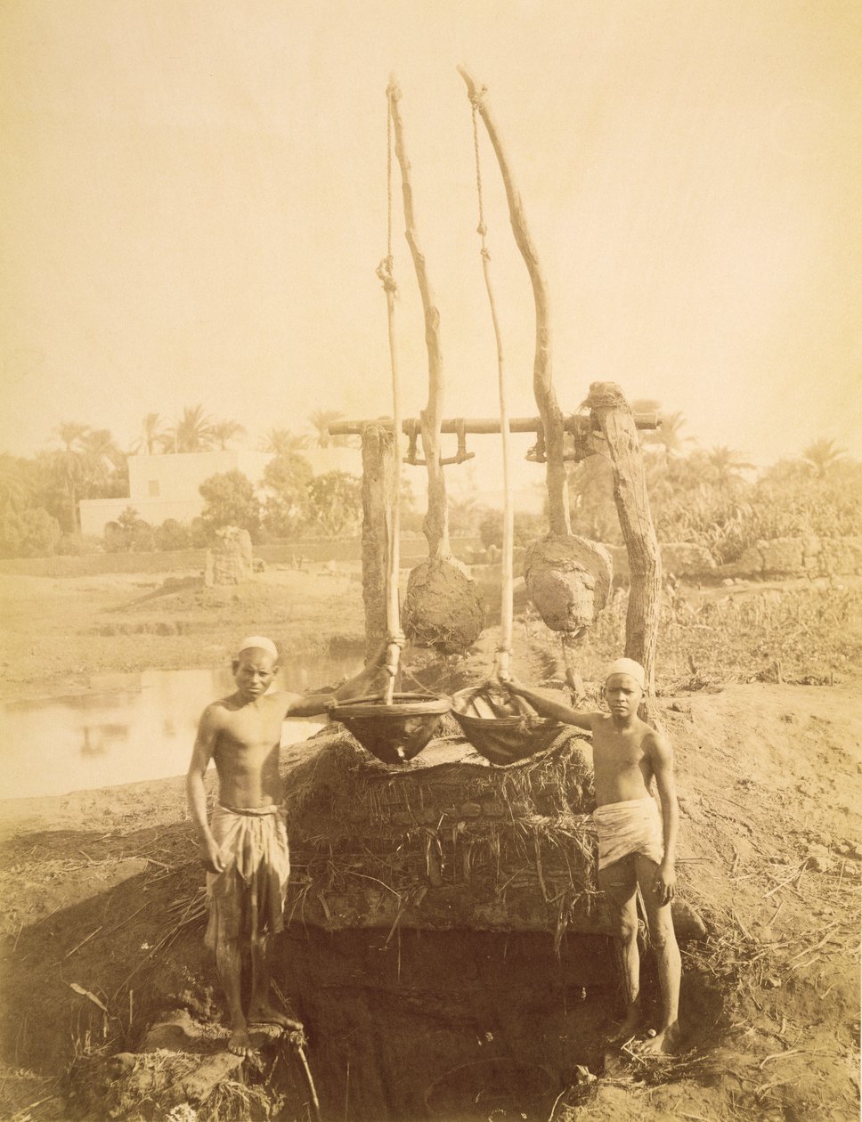 En egyptisk kunstvandingsmaskine på bredden af Nilen (sepia foto) af G. Lekegian