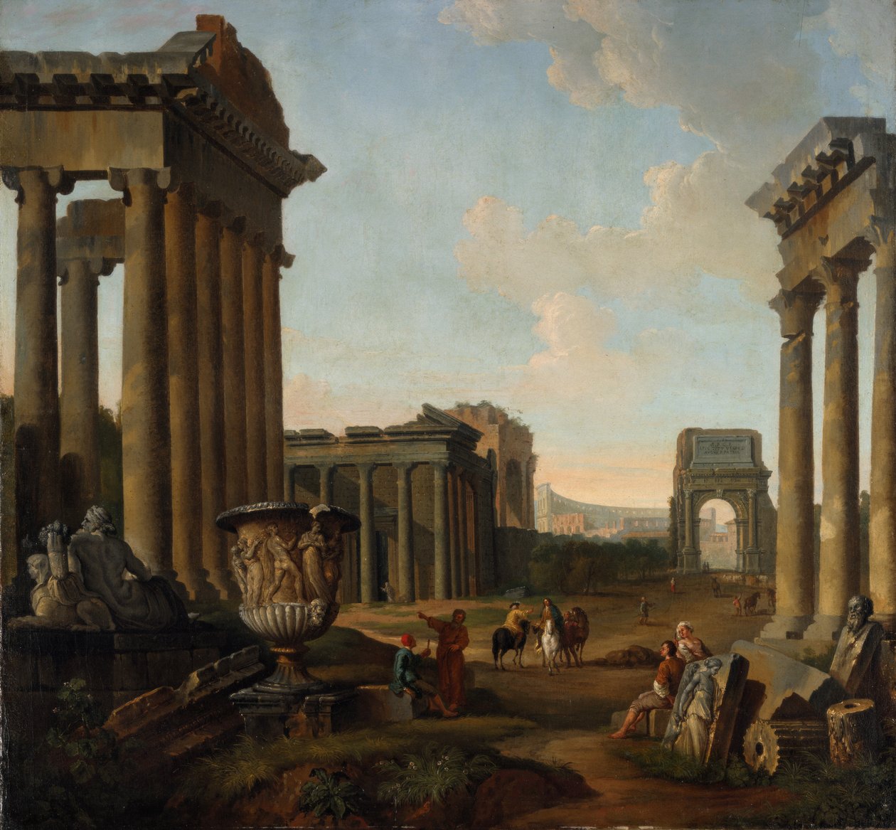 Figurer midt i en Capriccio af ruiner af Giovanni Paolo Pannini