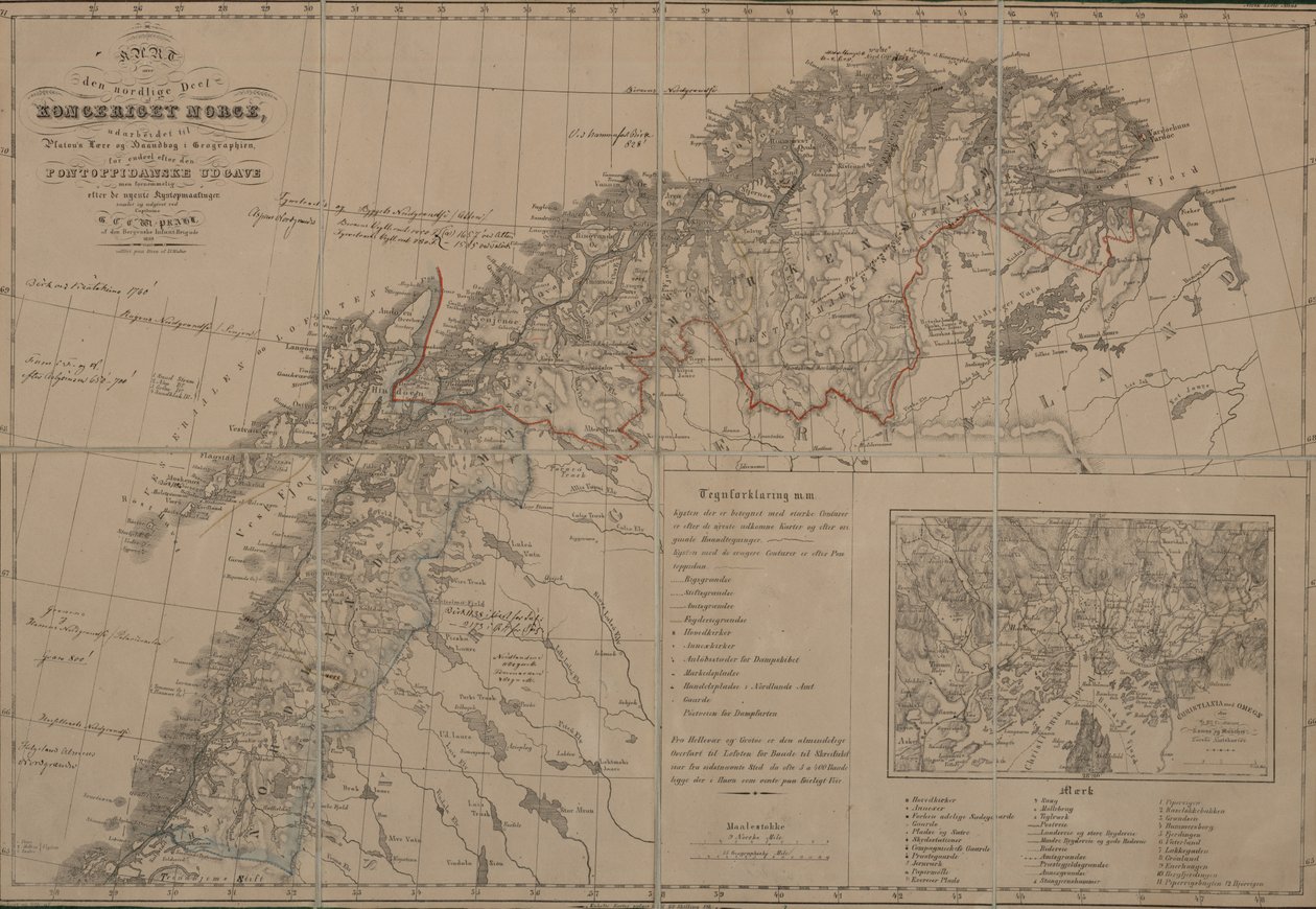 Kort fra Nationalbibliotekets kortsamling. Kortet blev offentliggjort i Bergen (1839) og viser Nordnorge af G Prahl