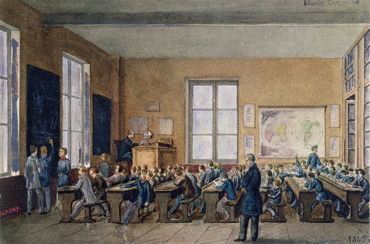 Klasseværelse ved Institution Caillet, rue de la Cite, Paris, 1845 (wc på papir) af G. Remy