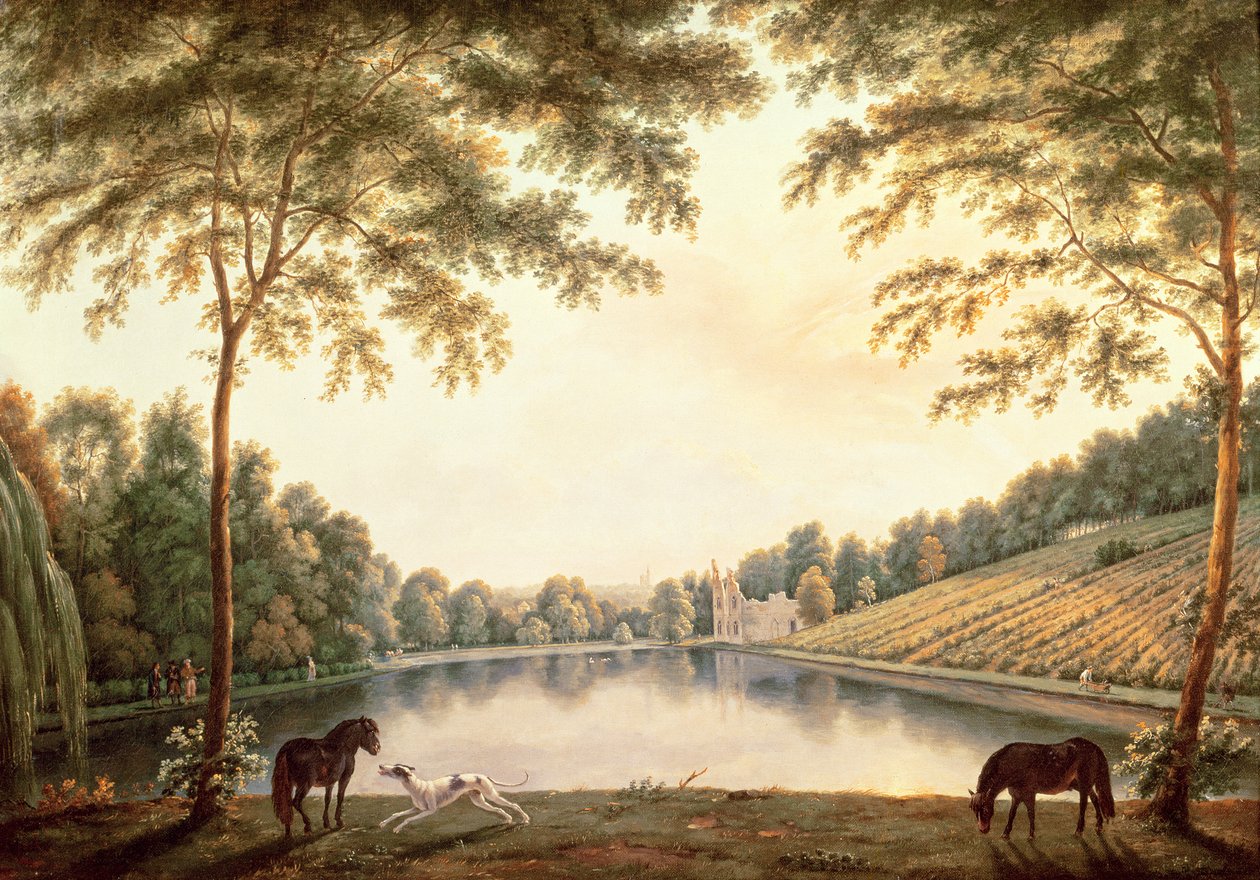 Udsigt over søen og ruinerne af klosteret ved Painshill, Surrey af G. and Gilpin, S. Barrett