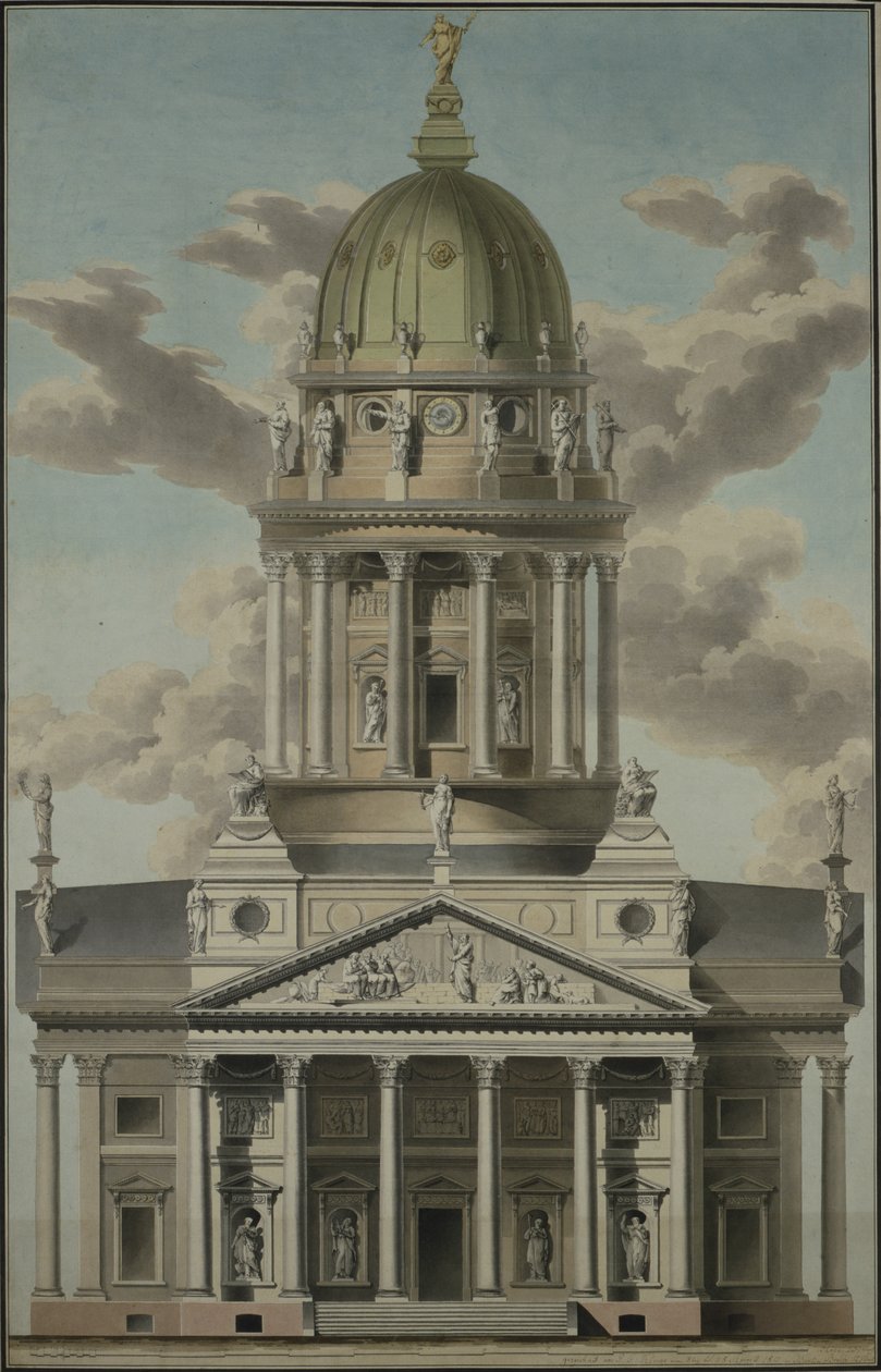 Den tyske katedral på Gendarmenmarkt, 1812 (pen & blæk og wc på papir) af G.F. Kluge