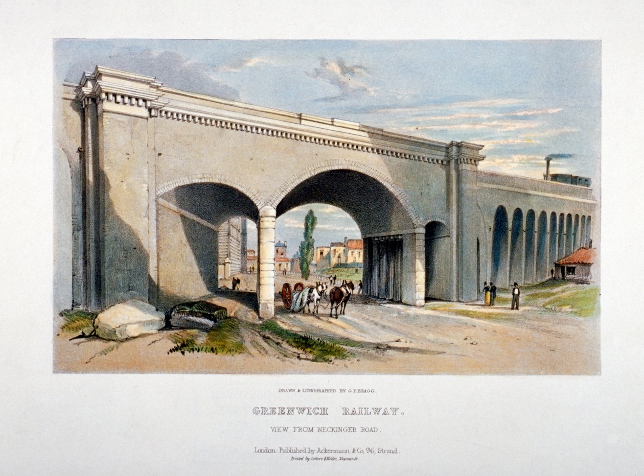 London og Greenwich Railway bridge over Neckinger Road, Bermondsey, London, 1836. af GF Bragg