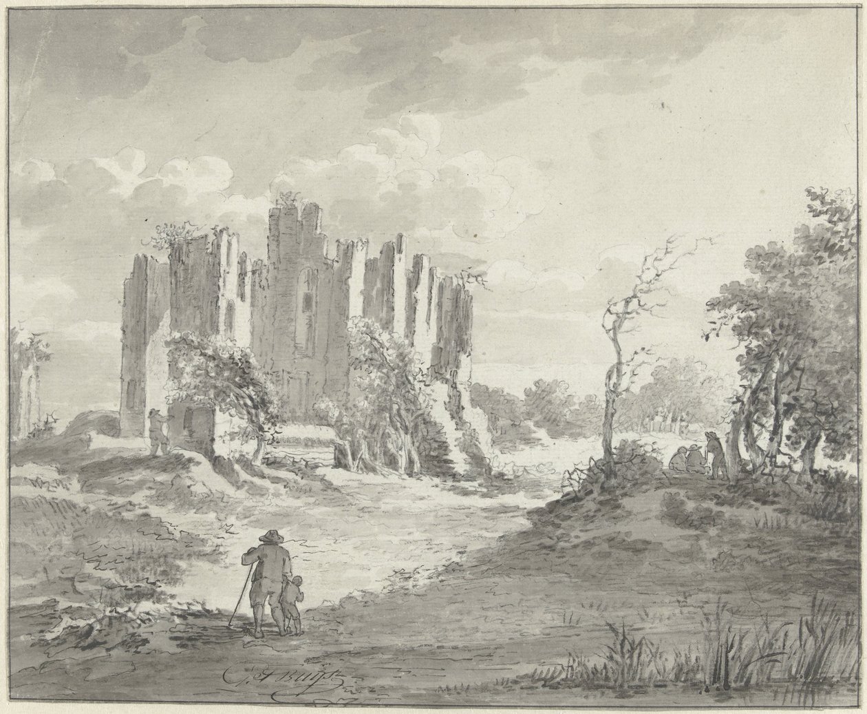 Landskab med ruiner og nogle bønder af G.F. Buijs (possibly)