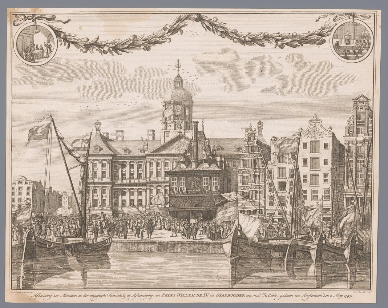 Publikum på Dam-pladsen i Amsterdam fejrer Willem IV