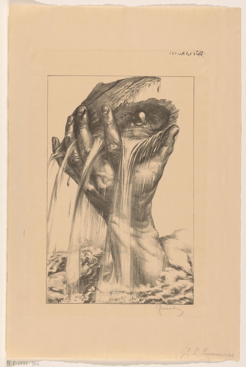 Hånd løfter en østers med perle fra havet af G.L. Furiacovics (signed by artist)