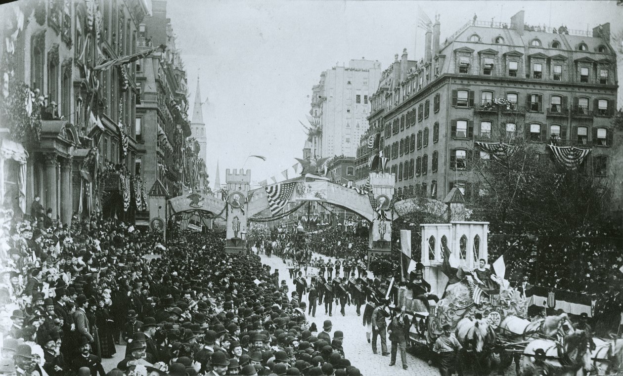 Hundredårsfejringen af indsættelsen af George Washington (1732-99) New York City, 30. april 1889 af G.P. Hall und Sohn