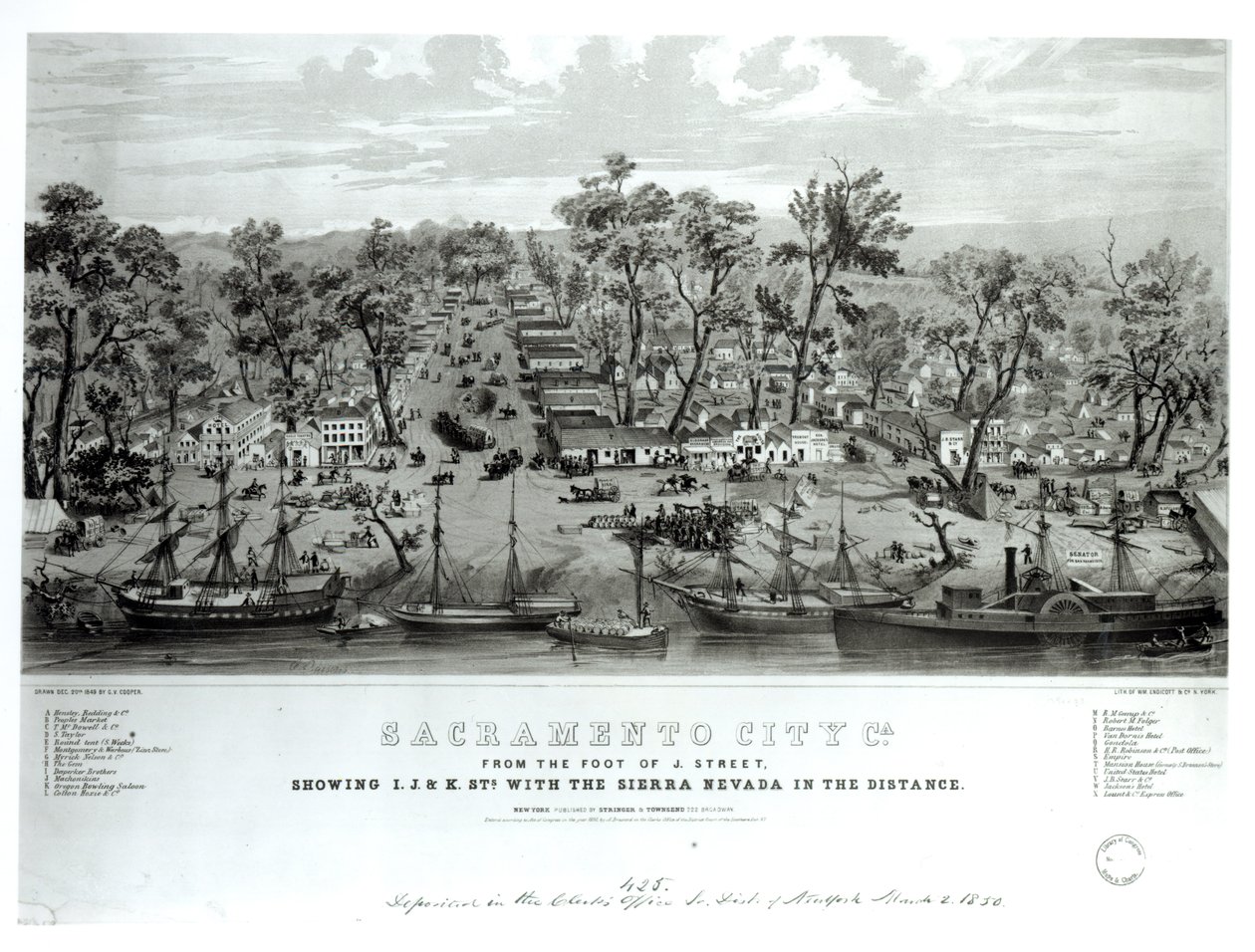 Sacramento City, Californien, fra foden af J. Street, der viser I. J. og K. Streets med Sierra Nevada i det fjerne, indgraveret af William Endicott und Co., 1849 af G.V. Cooper