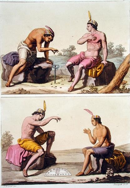 Indianere, der spiller Queciu (øverst) og Porotos (nederst), Chile, fra 