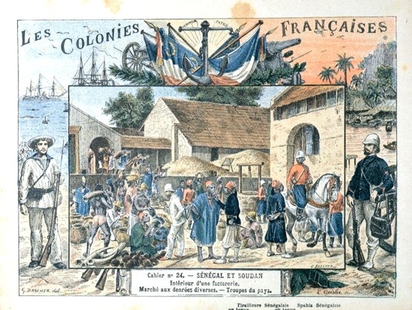 Skolebogsomslag, der viser scener i de franske kolonier i Senegal og Sudan, slutningen af det nittende århundrede (farve litho) af G. (after) Dascher