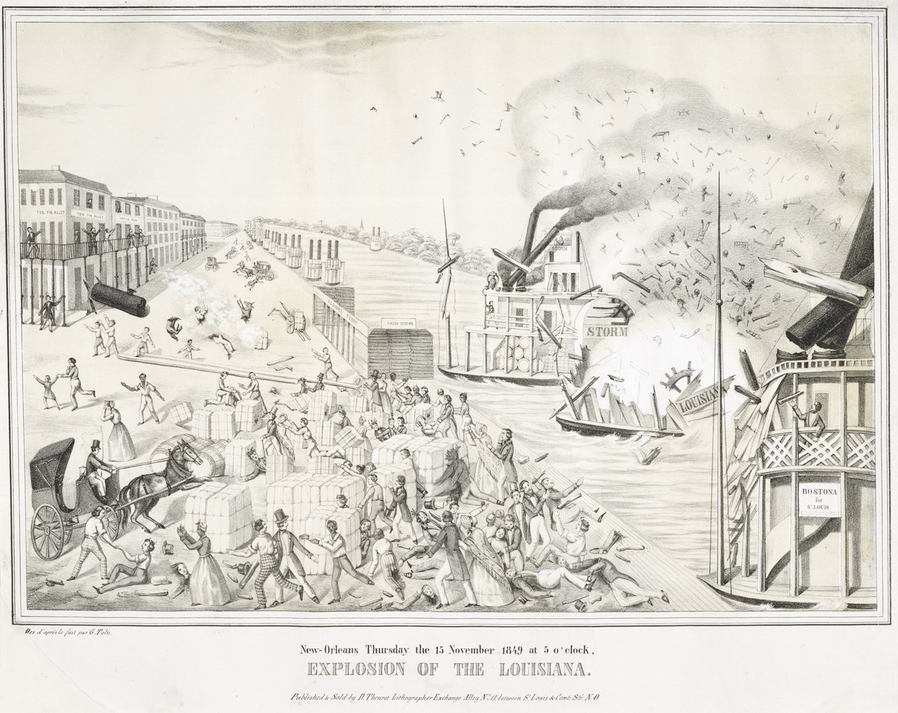 New Orleans torsdag den 15. november 1849 kl. 5, Explosion of the Louisiana, ca. 1849 (kromolitografi) af G. (after) Tolti