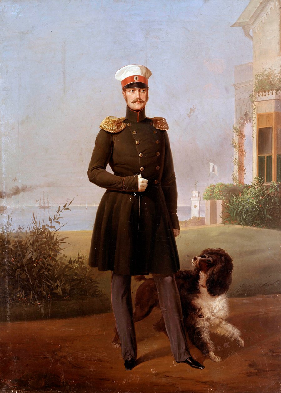 Portræt i foden af den russiske zar Nicholas I (1796-1855) på Peterhof Maleri af Georg Botmann (1800-tallet). 19. århundrede. Sankt Petersborg. Chateau De Peterhof af G. Botmann