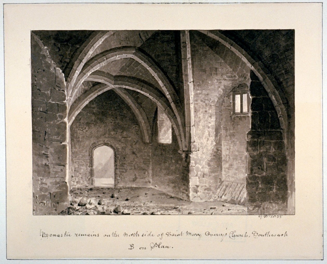 Monastiske rester på nordsiden af St Mary Overys kirke, Southwark, London, 1835. af G Buckler