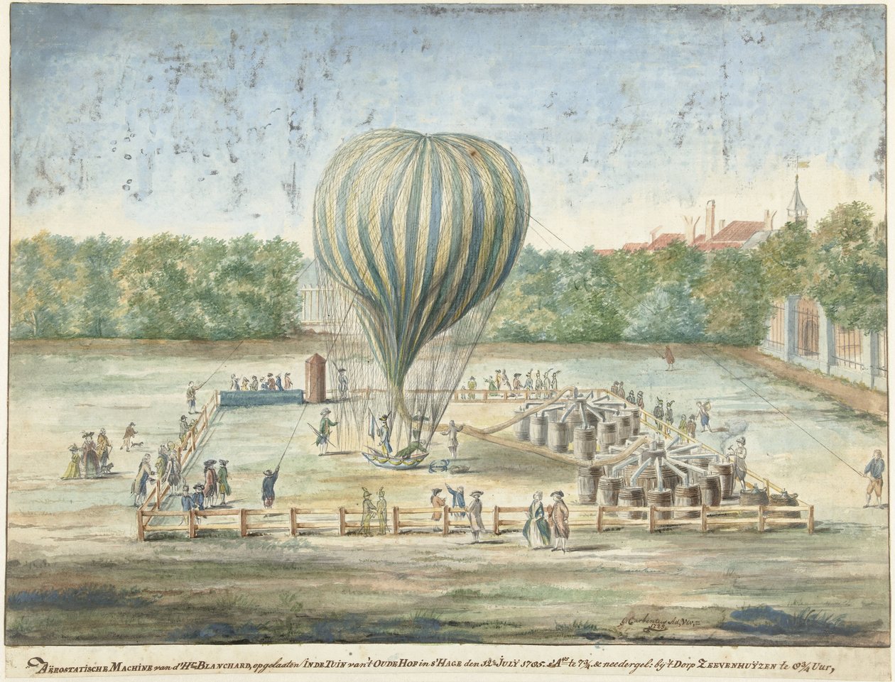 Lanceringen af Blanchards ballon i Haag i 1785 af G. Carbentus (signed by artist)