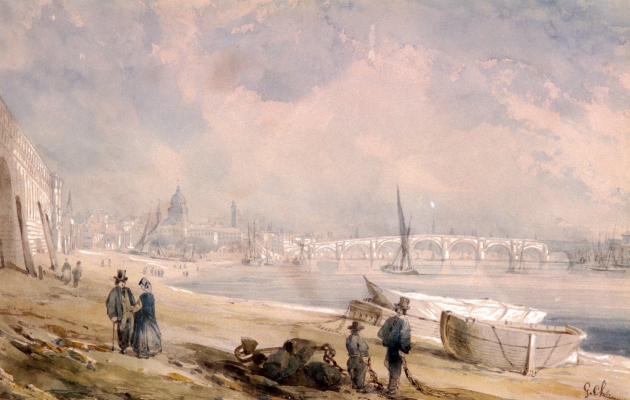 Themsen ved lavvande og Blackfriars Bridge, London, 1847 af G Chaumont