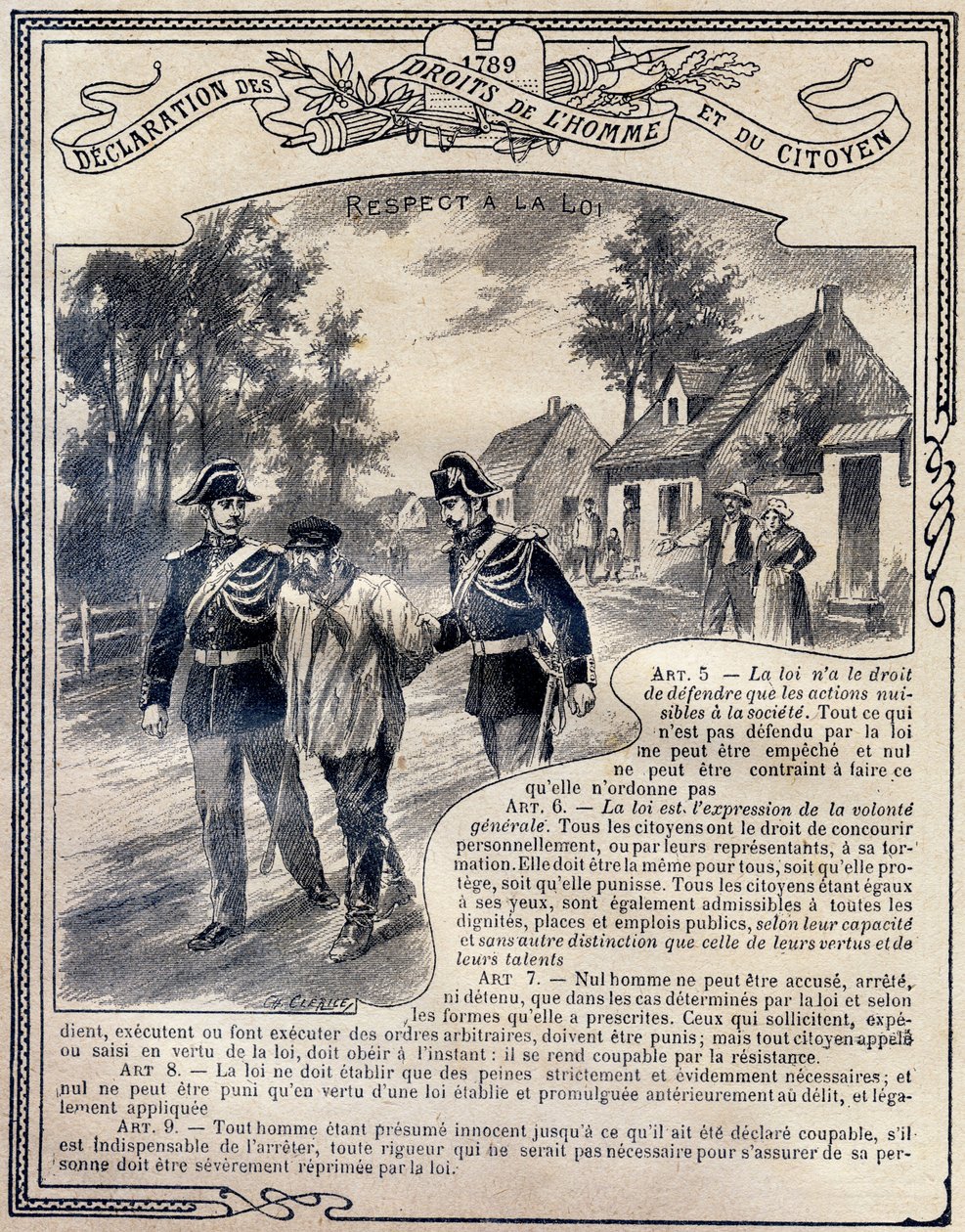 1789: Erklæring om menneskets og borgerens rettigheder: Respekt for loven. Indgravering i "Den unikke bog om etik og borgerinstruktion, beregnet til elever på de tre kurser i folkeskolen og de i de primære klasser på Lycees og Colleges, Deuxi af G. Dascher