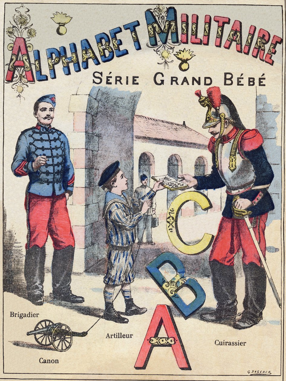 Cover af "Military Alphabet", Grand-Bebe-serien. Gravering. Pont-a-Mousson billeddannelse. Louis Vagne, Trykker-Forlag, ca. 1900. Illustrationer af G. Dascher. 20 sider. Mål: 31,5x24,5cm af G. Dascher