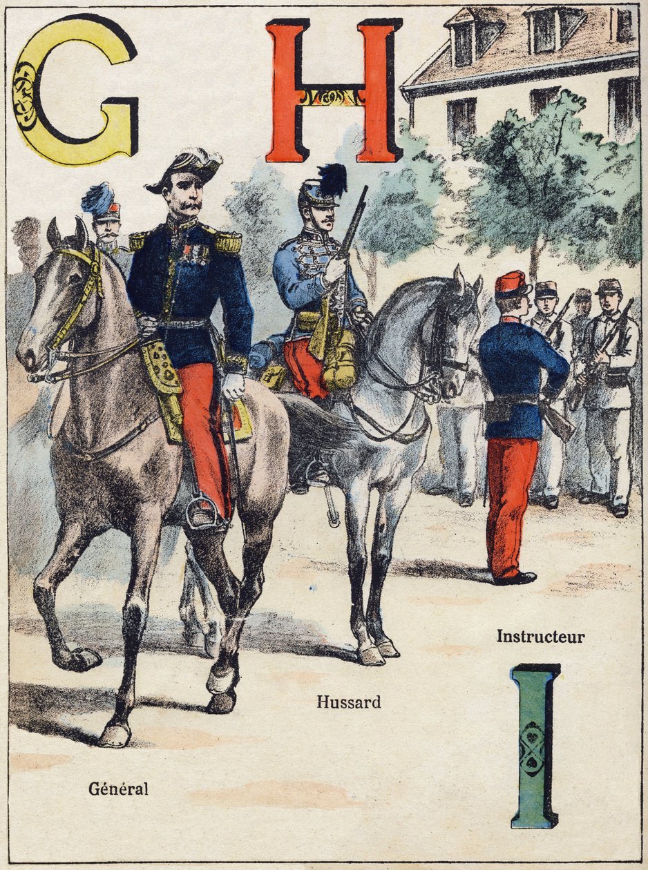Bogstaver G H I: General, Hussard og Instruktør. Indgravering i "Alphabet militaire", Grand-Bebe-serien. Gravering. Pont-a-Mousson billeddannelse. Louis Vagne, Trykker-Forlag, ca. 1900. Illustrationer af G. Dascher. 20 sider. Mål: 31,5 x 24,5 cm af G. Dascher