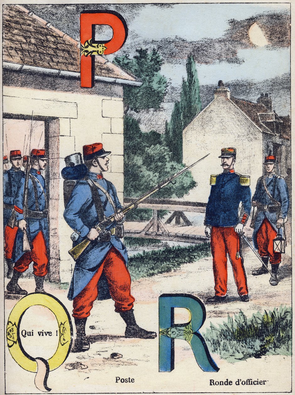 Bogstaverne P Q og R: Post, Qui vive! og Officersrunden. Indgravering i "Alphabet militaire", Grand-Bebe-serien. Gravering. Pont-a-Mousson billeddannelse. Louis Vagne, Trykker-Forlag, ca. 1900. Illustrationer af G. Dascher. 20 sider. Mål: 31,5x24,5cm af G. Dascher