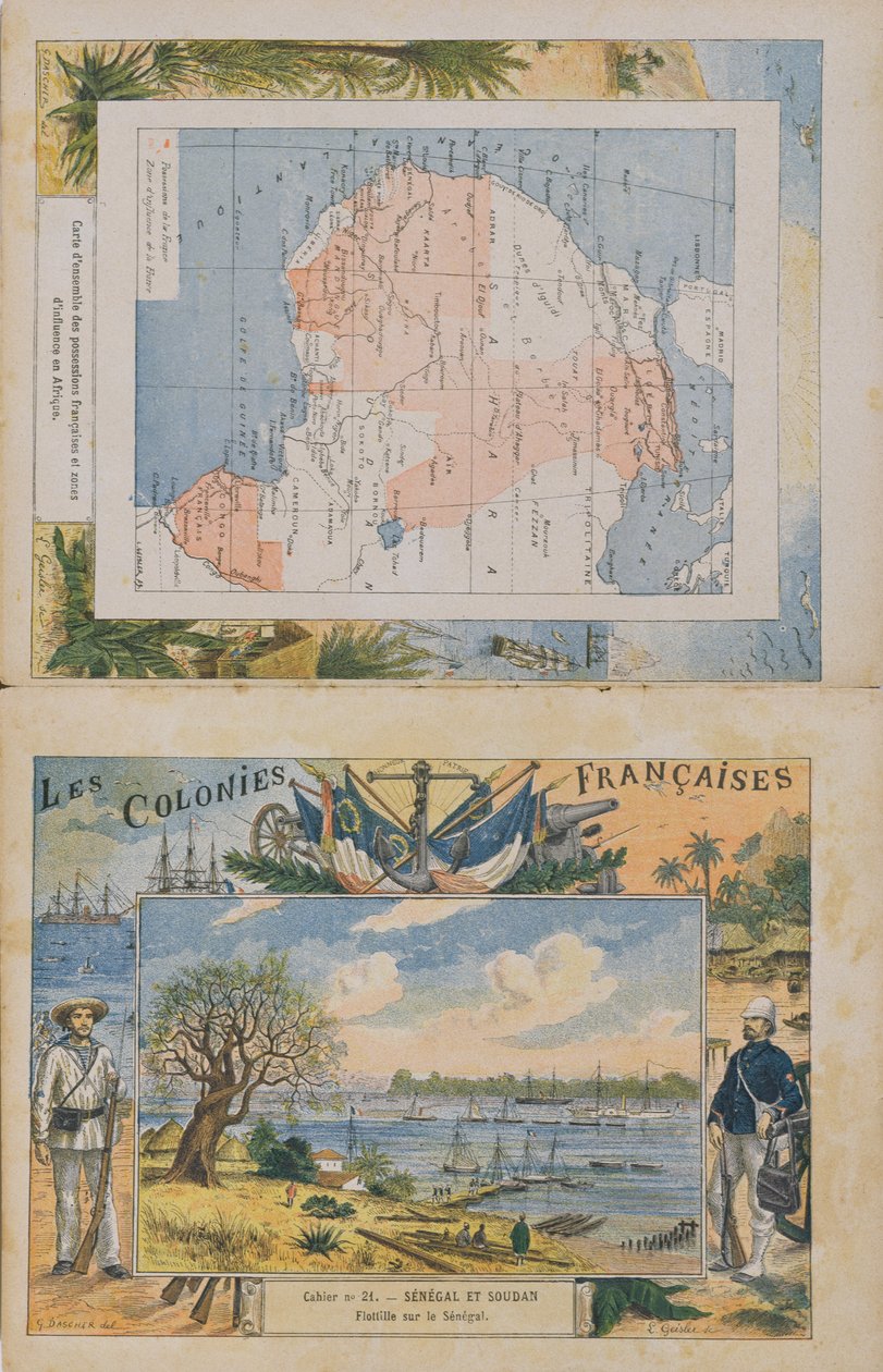 Kort over de franske besiddelser og indflydelsessfærer i Afrika og udsigt over Senegal-floden, omslag til en skolehæfte, slutningen af det 19. århundrede (farvestik) af G. Dascher