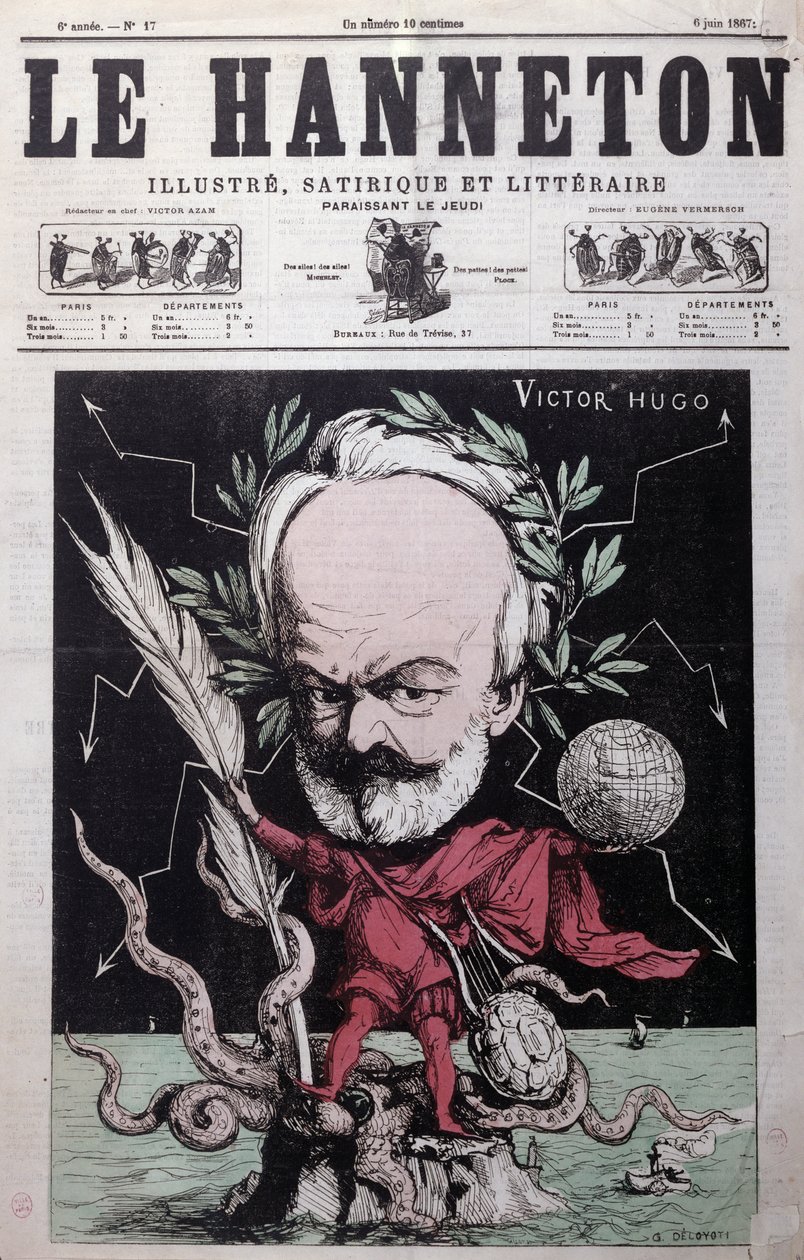 Karikatur af Victor Hugo (1802-85) som Zeus i eksil på Guernsey fra forsiden af Le Hanneton, juni 1867 af G. Deloyoti
