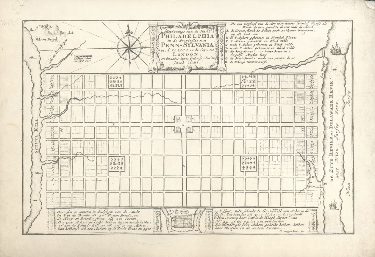 Den første plan for Philadelphia, udtænkt af William Penn og Thomas Holme i 1682, 1684 af G. Drogenham