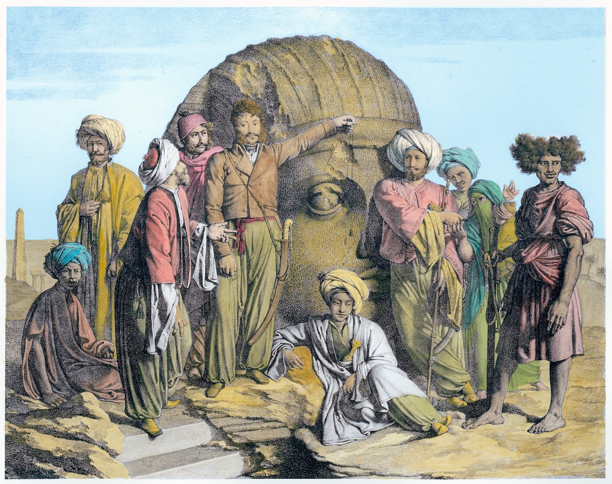 Arkæolog Bernardino Drovetti måler et kolossalt hoved i den egyptiske ørken, 1819 af G Engelmann