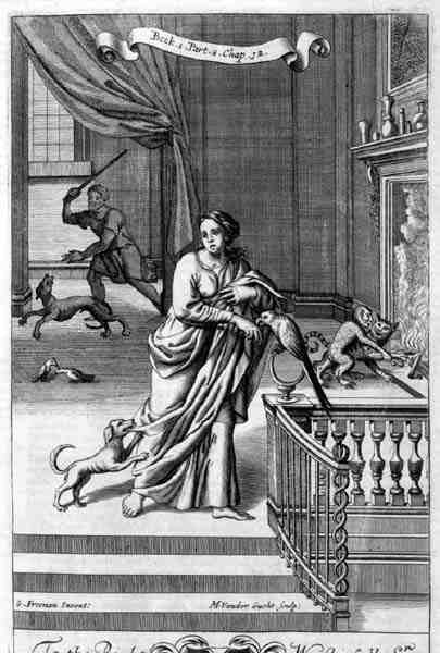 Et interiør med en kvinde og dyr, illustration fra bog 1, 8. del, kapitel 12 i "Filosofiens principper" af Anthony Le Grand, graveret af Michiel van der Gucht (1660-1725) af G Freman