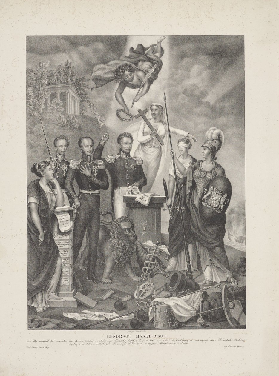Allegori om pagten mellem prins og folk, 1832 Eendragt gør Magt / Zinnebeeldig præsenteret til minde om den herlige og generøse Eendracht mellem Prins og Folk med det formål at opretholde og forsvare hollandske rettigheder (titel o af G. Havius Zanders