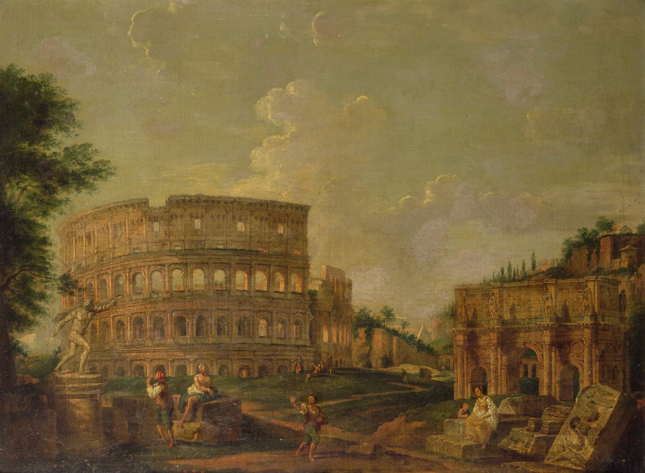 Colosseum med Konstantins bue, ca. 1730 (olie på lærred) af G. P. (attr. to) Pannini or Panini