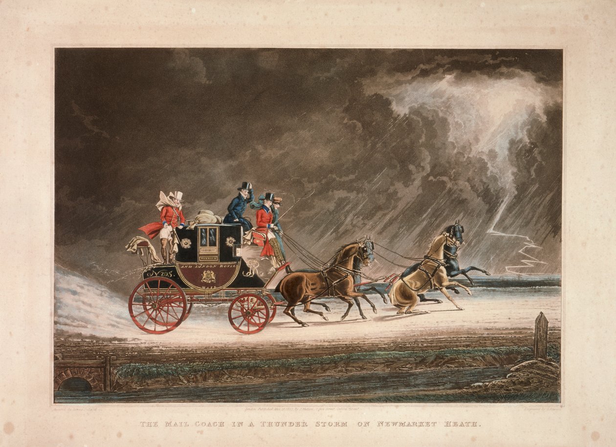 Postvognen i et tordenvejr på Newmarket Heath, Suffolk, 1827. af G Reeves
