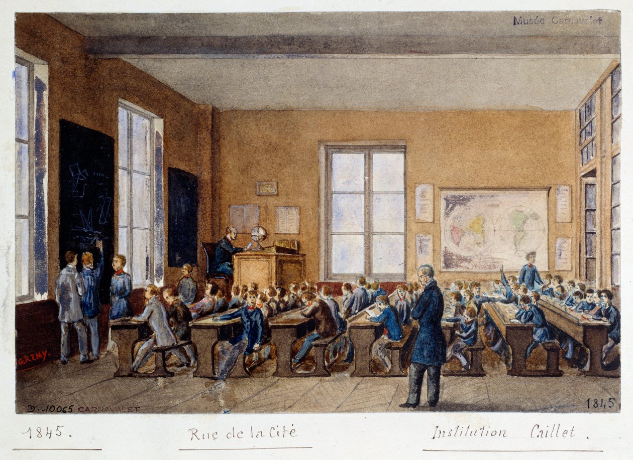 Et klasseværelse fra institutionen Caillet, rue de la Cite, Paris, 1845. Akvarel af G. Remy af G. Remy
