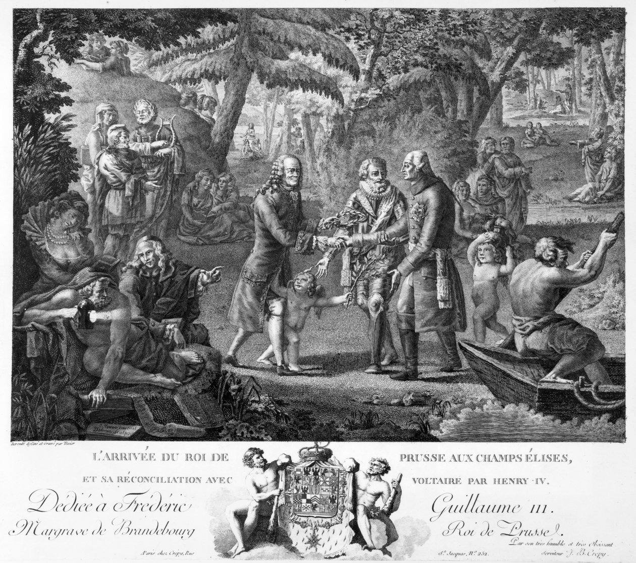 Henri IV (1553-1610) forsoner Frederik Vilhelm II (1744-97) og Voltaire (1694-1778) på Elysian Fields, 2. halvdel af 1700-tallet af G. Texier