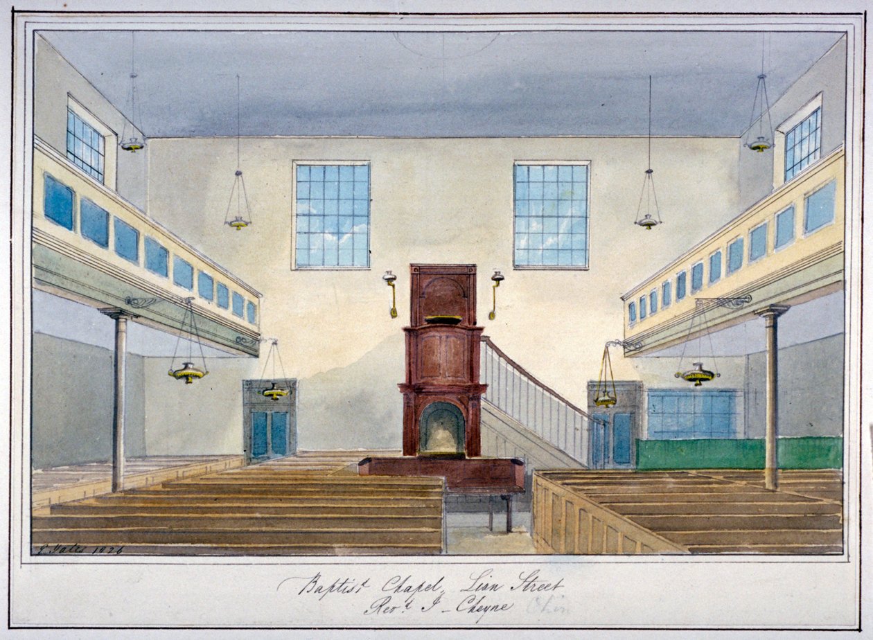Indvendigt billede af Lion Street Baptist Chapel, ud for New Kent Road, Southwark, London, 1826 af G Yates