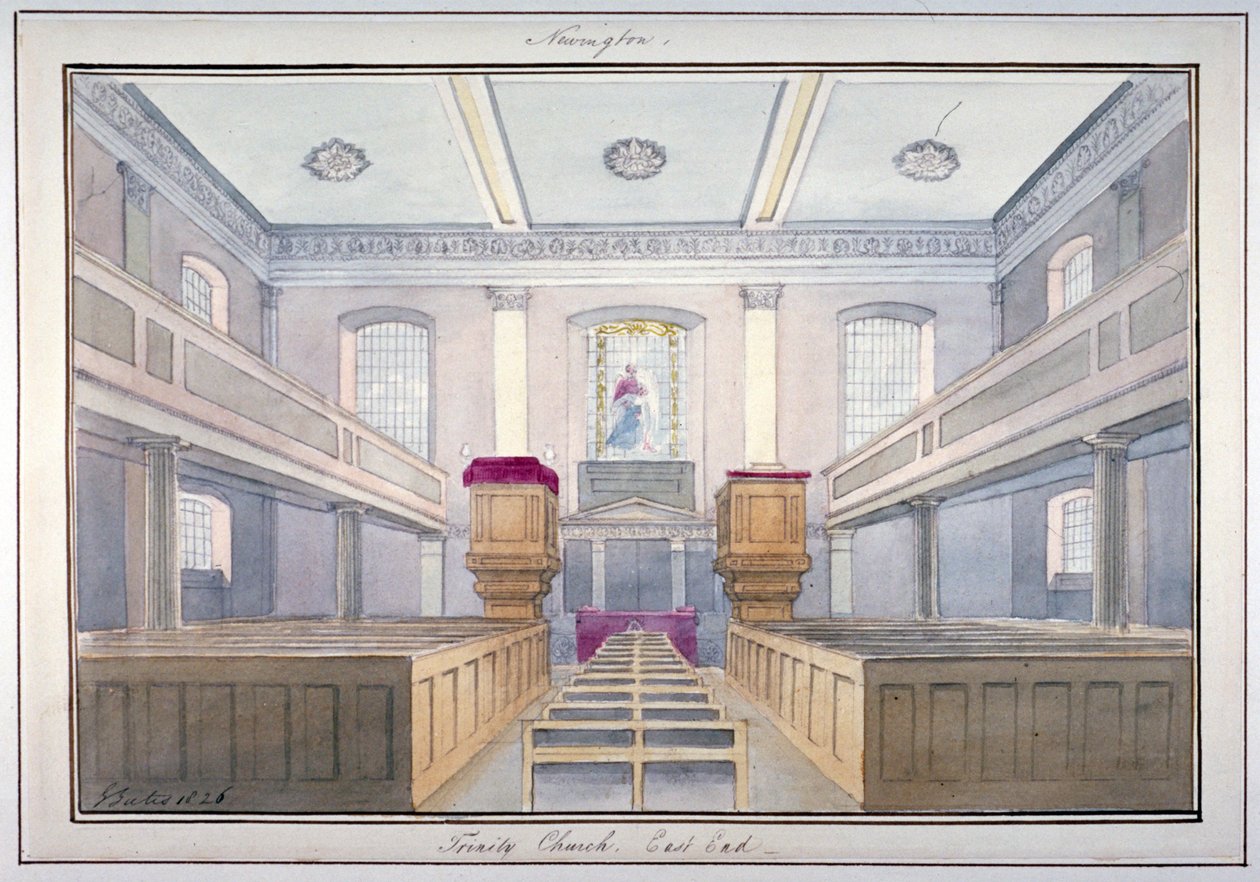 Indvendig udsigt over den østlige ende af Holy Trinity Church, Newington, Southwark, London, 1826 af G Yates