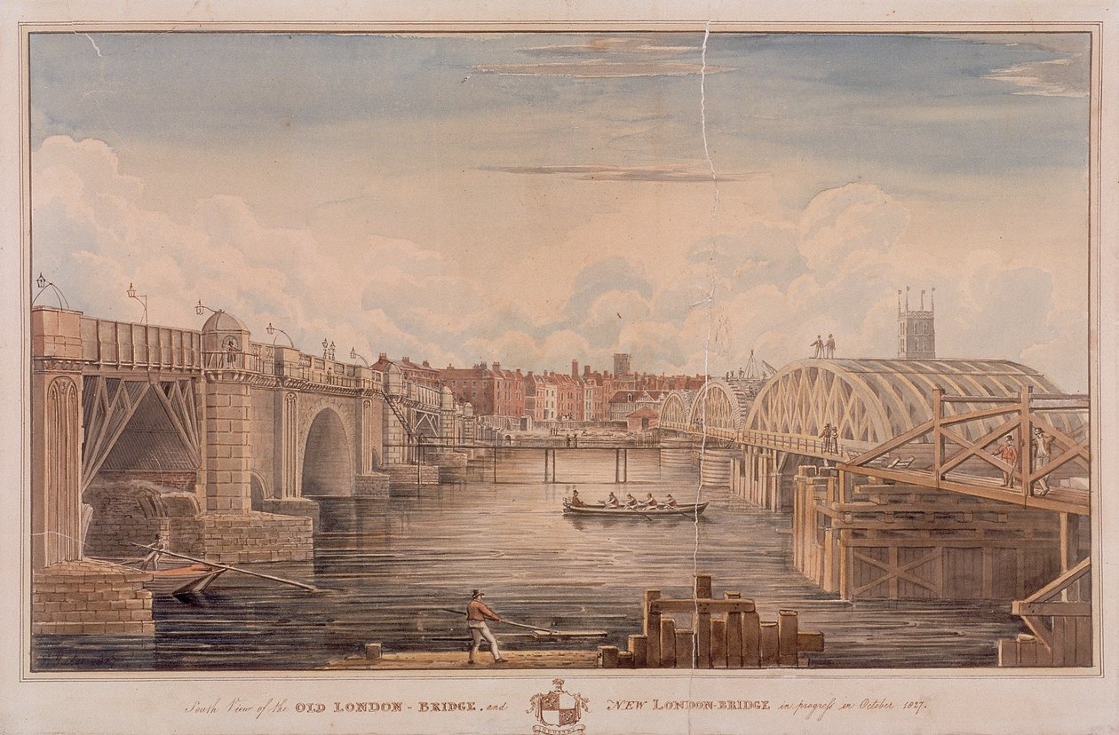 London Bridge gammel og ny, London, 1827 af G Yates