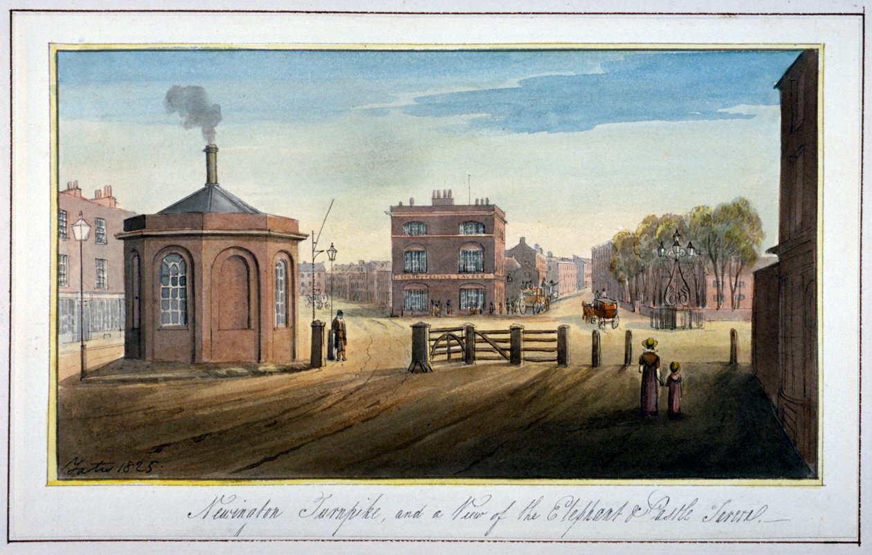 Newington Turnpike på Newington Causeway, Southwark, London, 1825 af G Yates