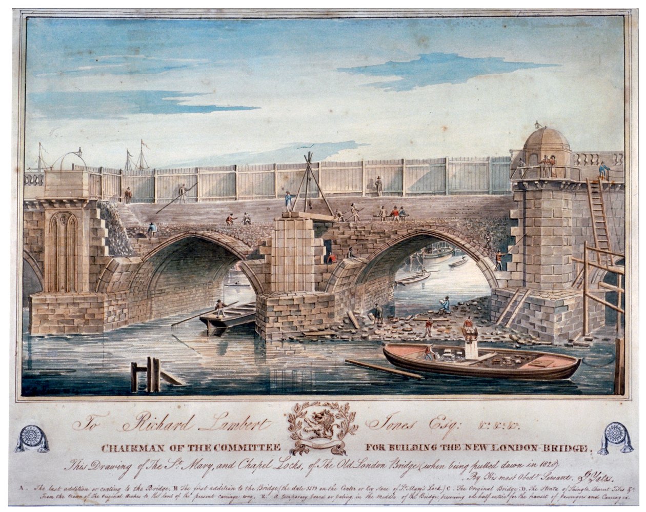 St Mary and Chapel Locks bliver revet ned, London Bridge, 1829. af G Yates