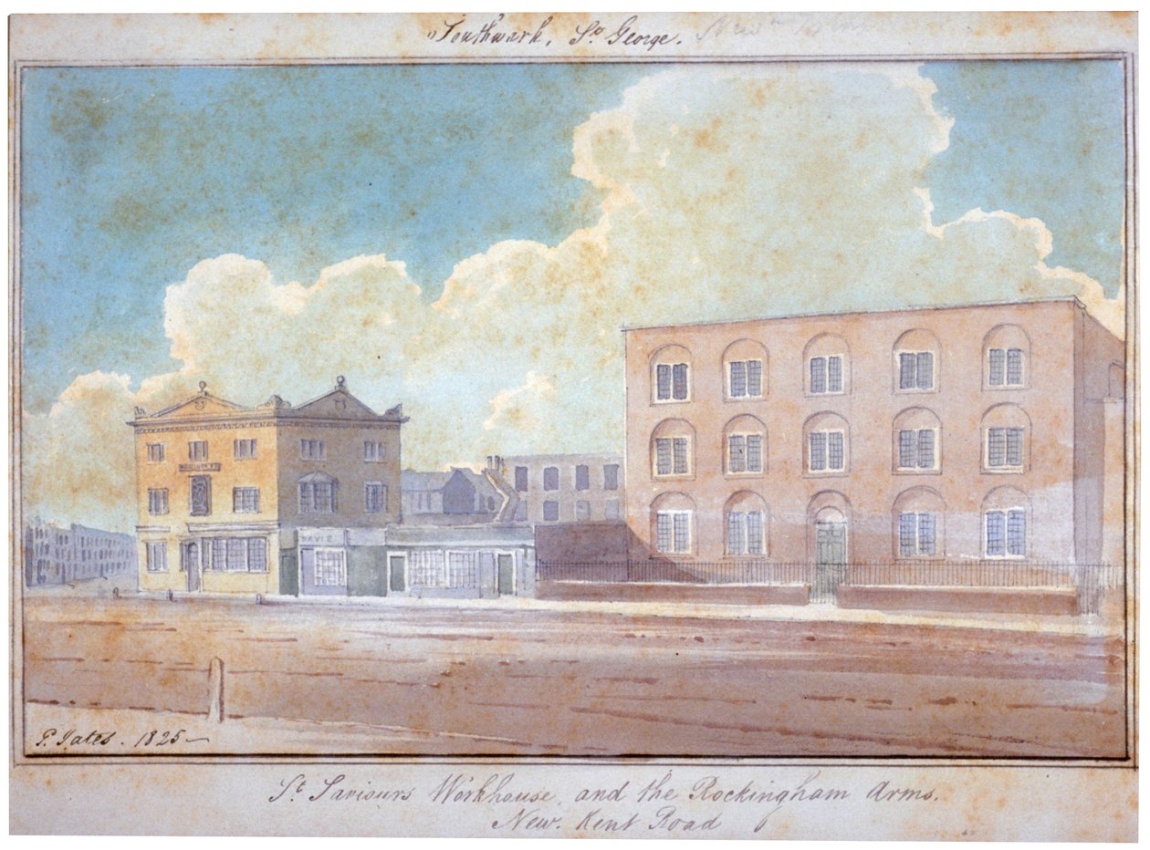 St Saviours arbejdshus og Rockingham Arms Inn, New Kent Road, Southwark, London, 1825 af G Yates
