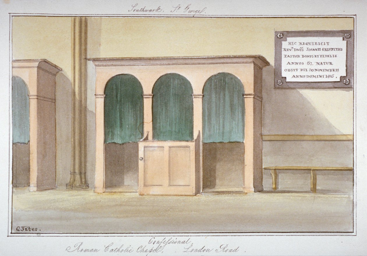 Bekendelsesstolen i det romersk-katolske kapel på London Road, Southwark, London, 1825 af G Yates