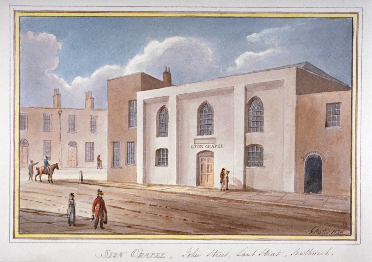 Udsigt over Sion Chapel på John Street, Southwark, London, 1825 af G Yates