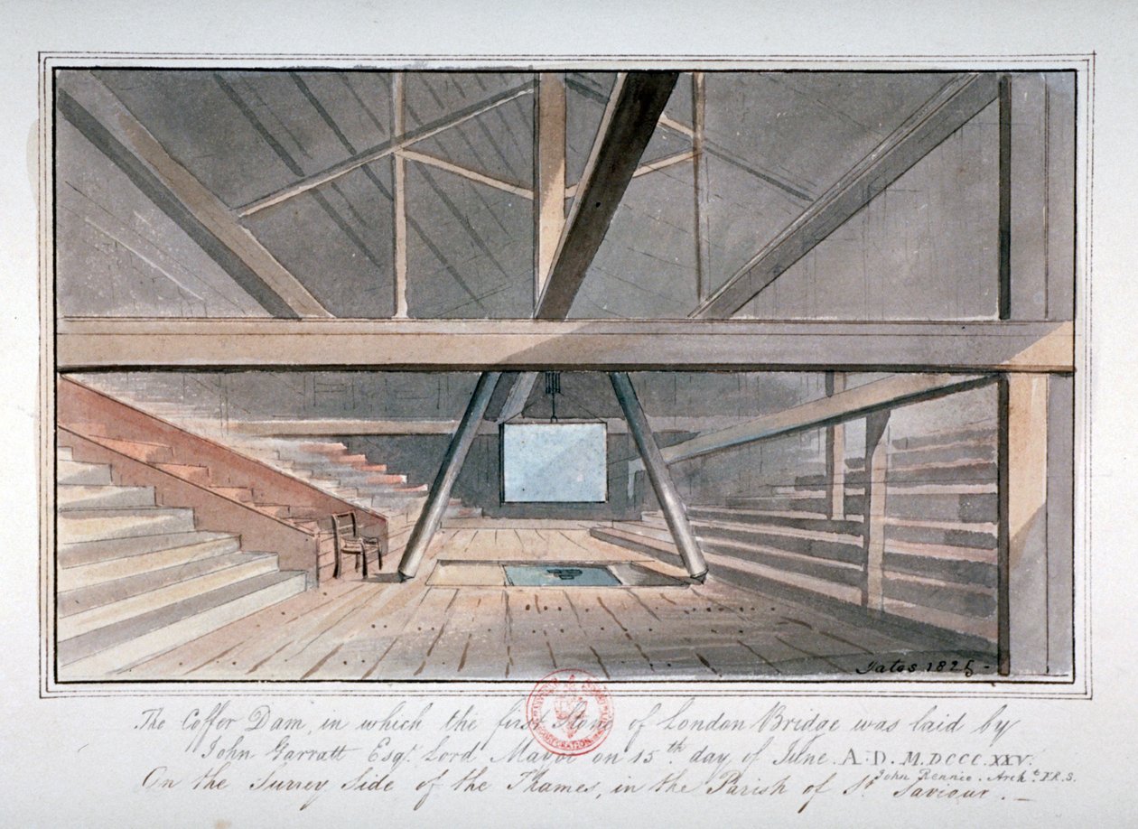 Udsigt over fundamentet af London Bridge, 1825 af G Yates