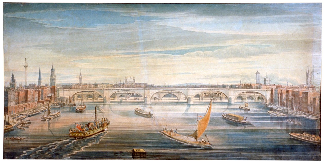 Udsigt over den nye London Bridge fra vest med både og pramme på Themsen, 1831. af G Yates