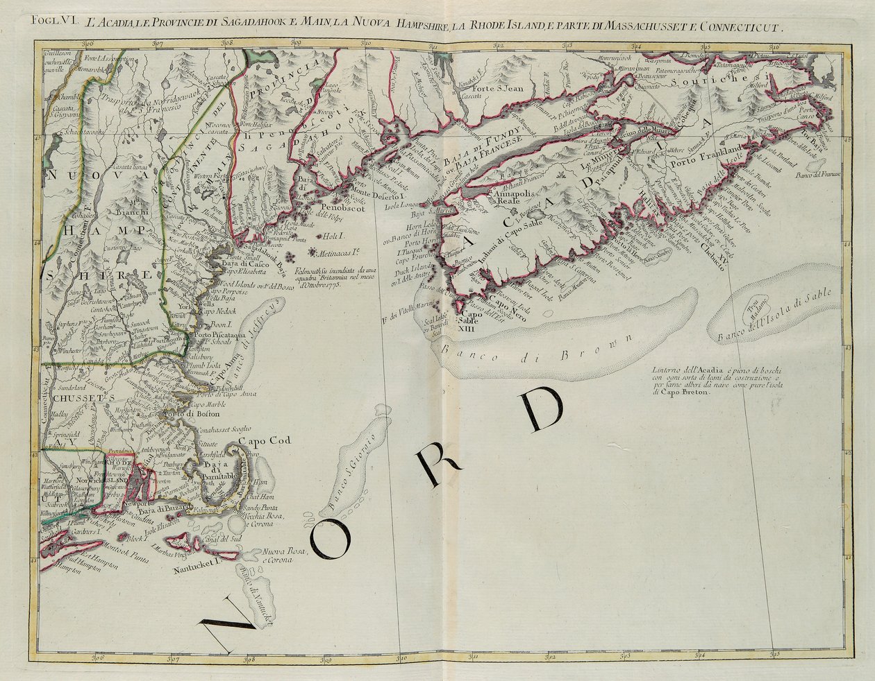 Acadia, provinserne Sagadahoc og Maine, New Hampshire, Rhode Island og en del af Massachusetts og Connecticut, gravering af G. Zuliani hentet fra Tome I af "Newest Atlas" udgivet i Venedig i 1778 af Antonio Zatta, Privat Samling af G. Zuliani