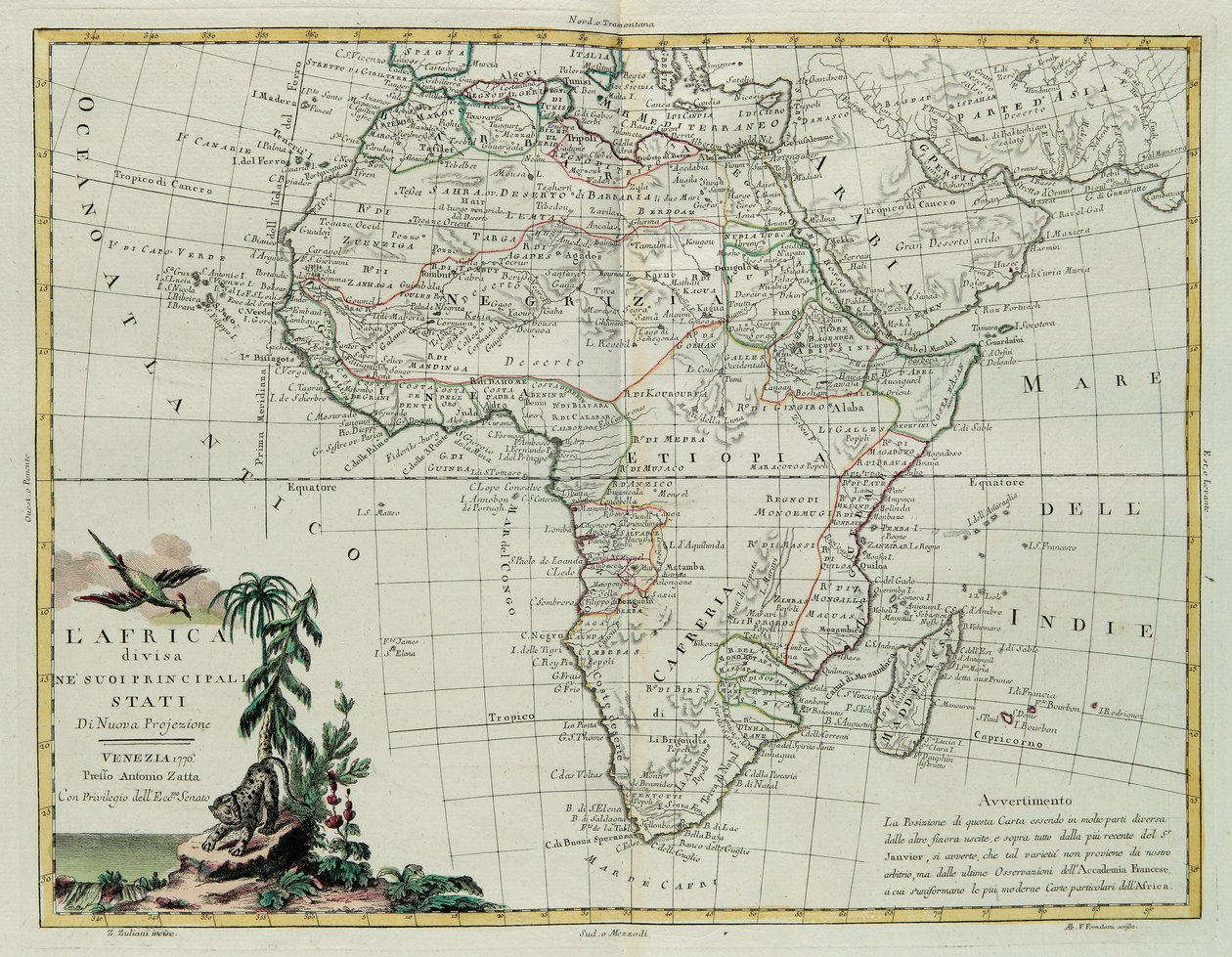 Afrika opdelt i dets hovedstater, gravering af G. Zuliani hentet fra Tome I of the Newest Atlas udgivet i Venedig i 1776 af Antonio Zatta, Private Collection af G. Zuliani