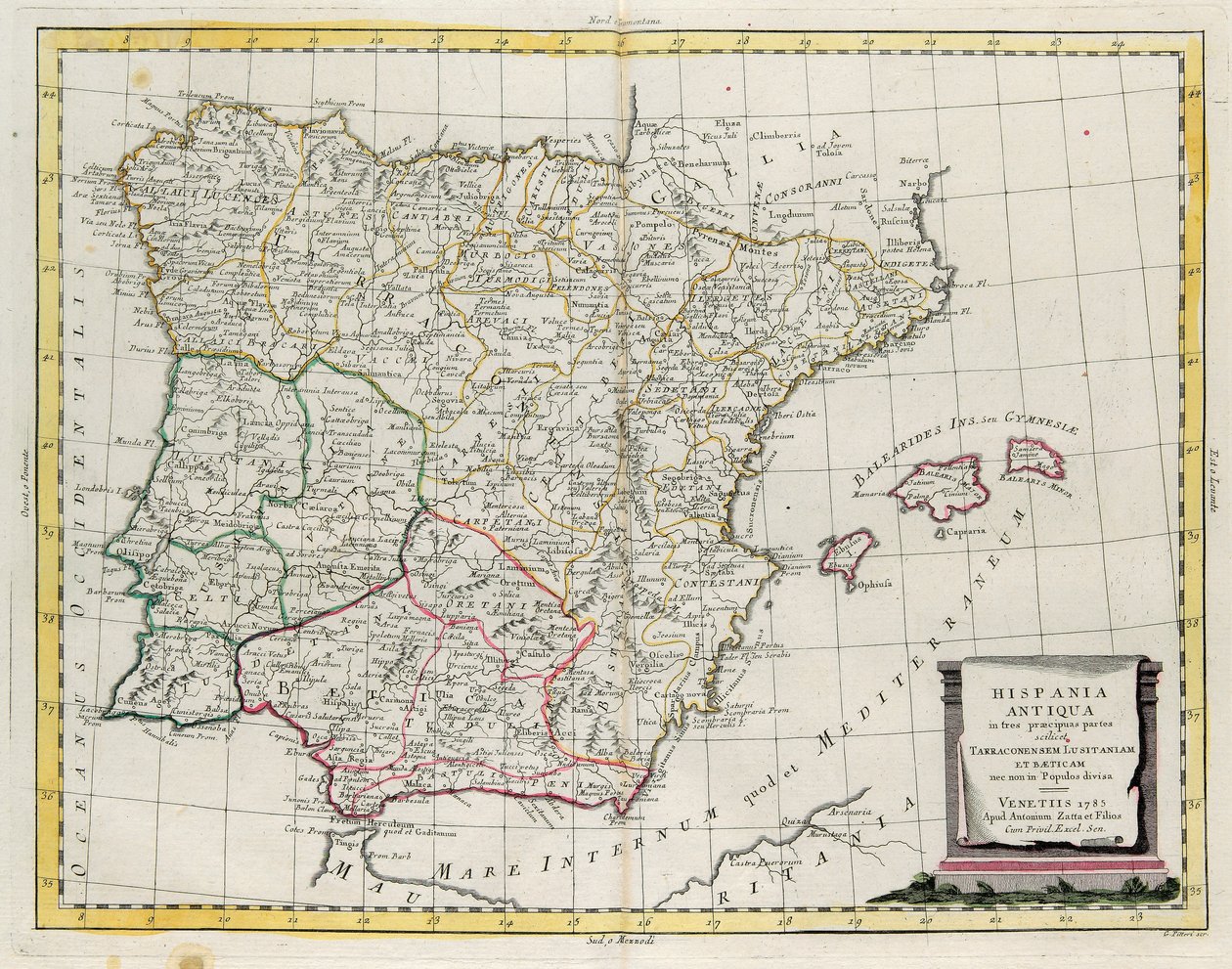 Det gamle Spanien opdelt i tre adskilte områder, nemlig Terraconensis, Lusitania og Baetica og også opdelt i folk, indgravering af G. Zuliani hentet fra Tome I af "Nyeste Atlas" udgivet i Venedig i 1785 af Antonio Zatta, Privat Samling af G. Zuliani