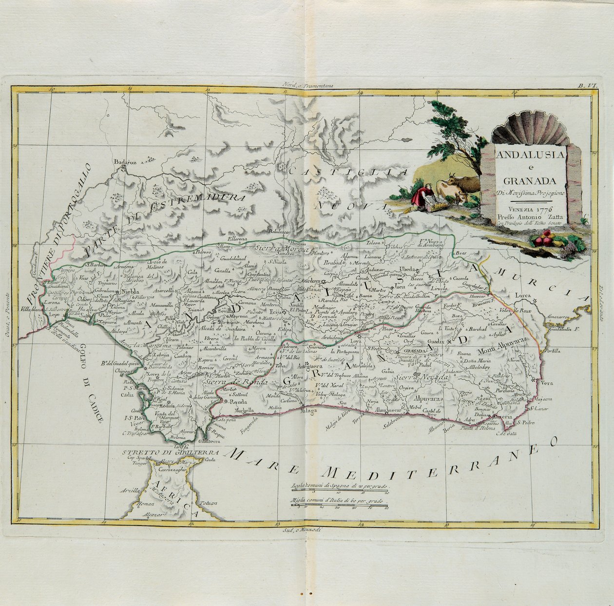 Andalusien og Granada, gravering af G. Zuliani hentet fra Tome I af det nyeste atlas udgivet i Venedig i 1776 af Antonio Zatta, privat samling af G. Zuliani