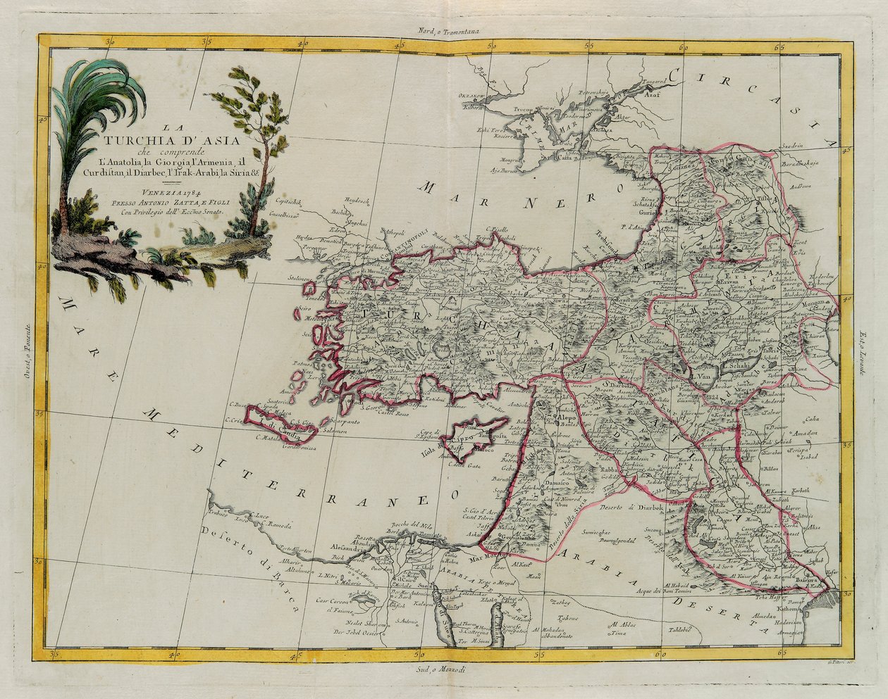 Asiatisk Tyrkiet, inklusive Antolia, Georgien, Armenien, Kurdestan, Diarbec, Irak-Arabi, Syrien, gravering af G. Zuliani taget fra Tome IV af "Newest Atlas" udgivet i Venedig i 1784 af Antonio Zatta, Privat Samling af G. Zuliani