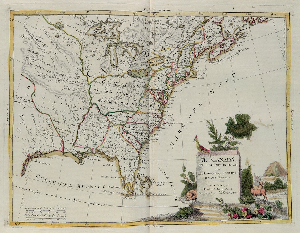 Canada, de engelske kolonier med Louisiana og Florida, gravering af G. Zuliani hentet fra Tome I of the Newest Atlas udgivet i Venedig i 1778 af Antonio Zatta, Private Collection af G. Zuliani
