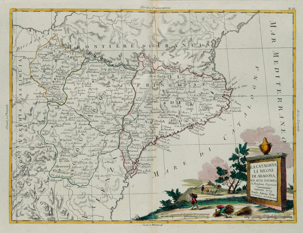 Catalonien, kongerigerne Aragon og Alta Navarra, gravering af G. Zuliani hentet fra Tome I af det nyeste atlas udgivet i Venedig i 1775 af Antonio Zatta, privat samling af G. Zuliani